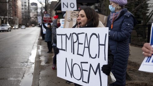 Protesters chant near the intersection of North Sheridan Road and West Thorndale Avenue in Edgewater, Saturday, Jan. 10, 2026. Protesters participated in “ICE Out for Good” and called for an end to U.S. Immigration and Customs Enforcement in the wake of an ICE officer killing Renee Good in Minneapolis. | Sun-Times staff