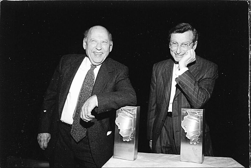 More than half a century ago, Lewis Manilow (right) worked with Second City co-founder Bernie Sahlins to create the Studebaker Theater’s resident company. | Sun-Times files
