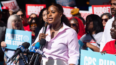 President Stacy Davis Gates speaks on behalf of the Chicago Teachers Union during a rally outside the CPS headquarters in the Loop, Thursday, July 30, 2026.
