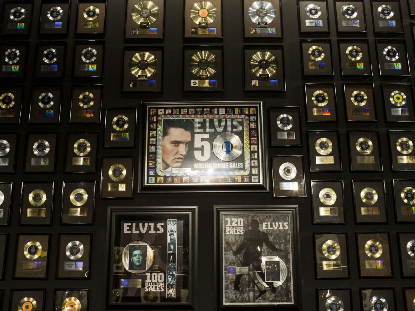 March 2, 2017 – Albums adorn the wall inside of the Elvis the Entertainer Career Museum at Elvis Presley’s Memphis. Elvis Presley Enterprises opened the new complex that includes 200,000 square feet of new exhibits, museums and performance space behind Gr