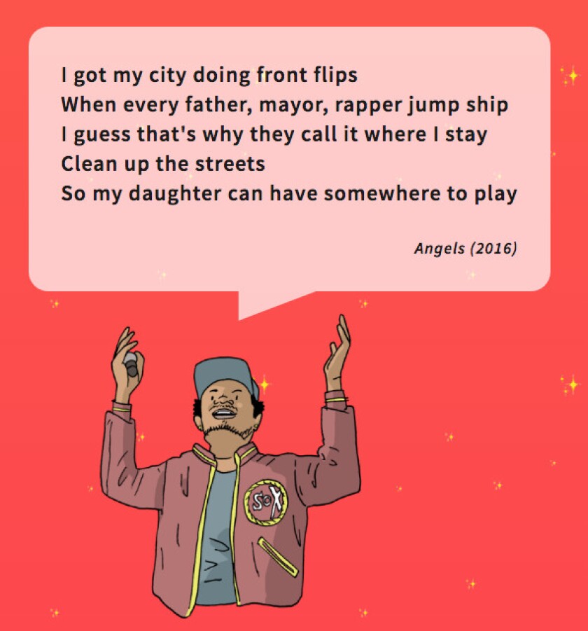 The #chano4mayor.com website includes drawings of the rapper along with politically inspired lyrics from his songs. | chano4mayor.com screen grab