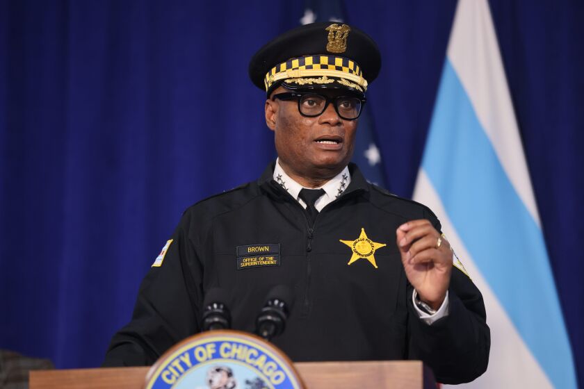 Chicago Police Supt. David Brown addresses reporters at City Hall on Wednesday, March 2, 2022.
