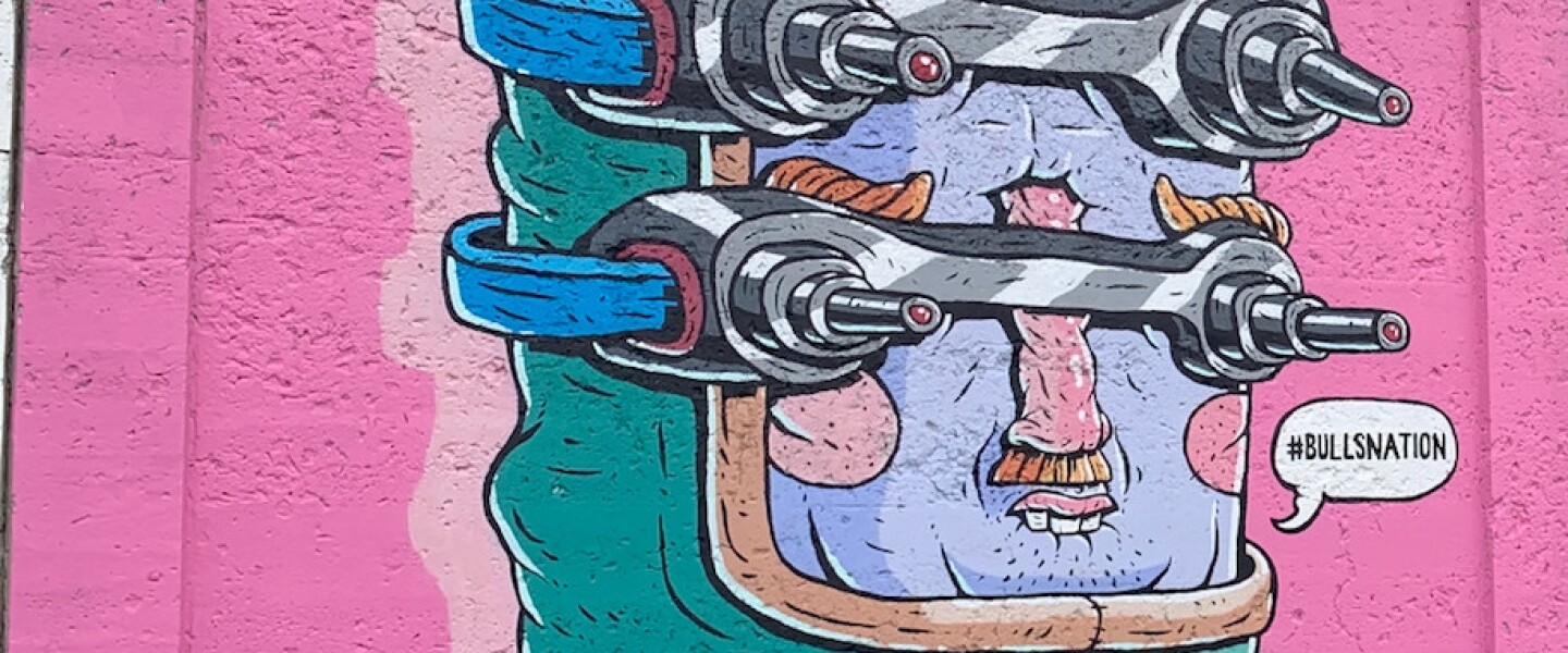 This mural was done by the 45-year-old artist who goes by Joey D., who says it’s a nod to the Chicago Bulls. “I’ve been a Bulls fan since the late ‘80s/early ‘90s and have never wavered even during the worst seasons, where they didn’t make the playoffs,” he says. “Now, my two sons enjoy basketball and watching the Bulls.”