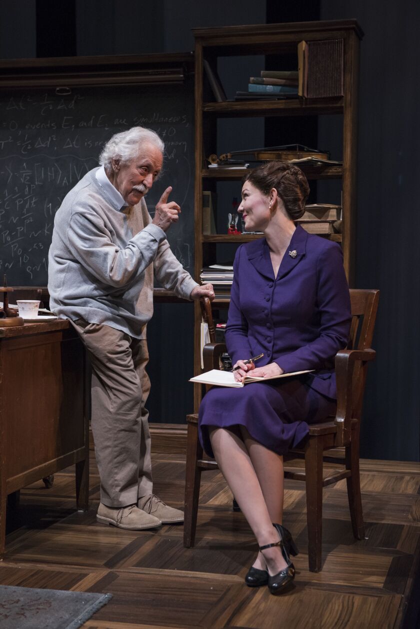 Mike Nussbaum plays Albert Einstein and Katherine Keberlein plays Margaret Harding in Mark St. Germain’s play “Relativity,” at Northlight Theatre. (Photo: Michael Brosilow)