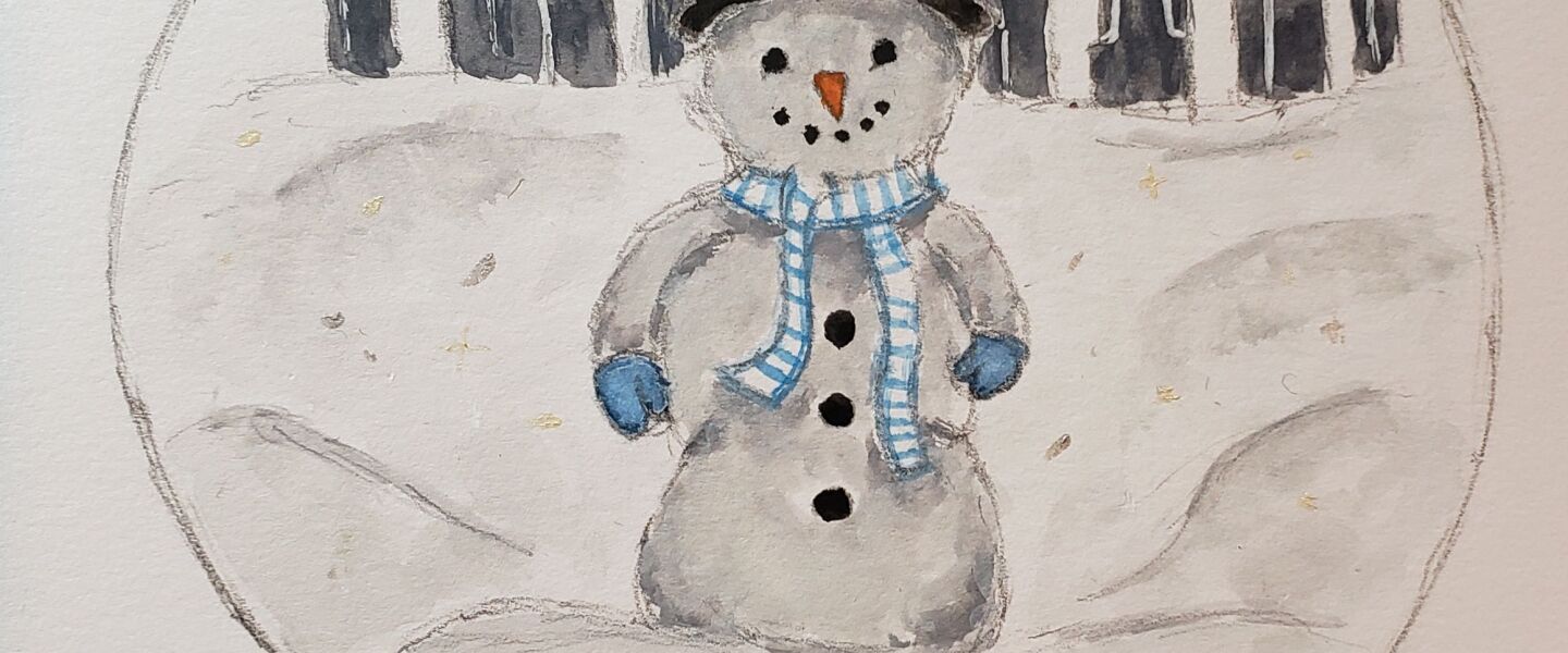 A snow globe snowman against the backdrop of the Chicago skyline by Julia P., 17, a junior at Curie Metro High School on the Southwest Side.