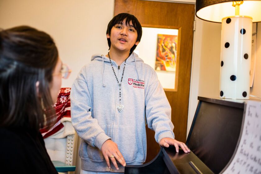 Student Ethan Radaza, a singer at the Chicago Academy of the Arts, with his jazz vocal teacher, Alyssa Allgood, Friday, January 31st, 2020. | James Foster/For the Sun-Times
