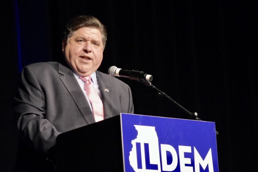 Gov. J.B. Pritzker speaks at the Illinois Democratic County Chairs’ Association Brunch on Wednesday in Springfield.