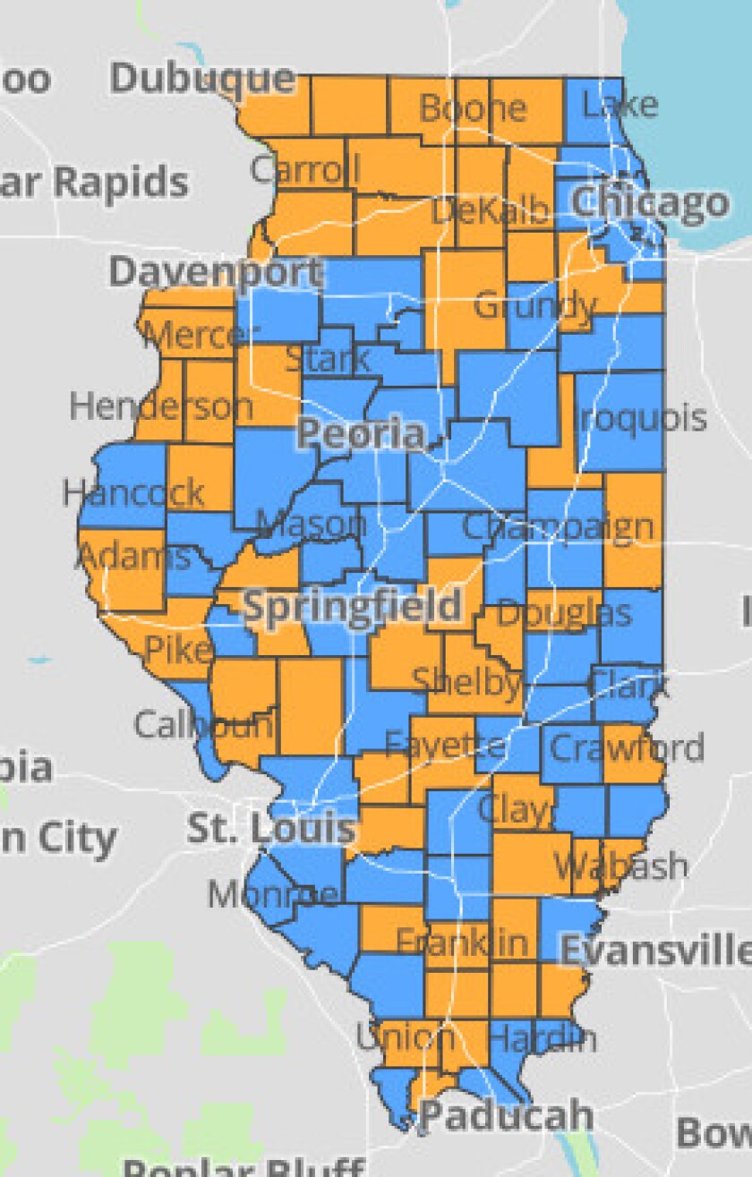 Counties considered to be at a coronavirus warning level are marked orange.