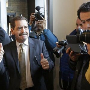 Mayoral candidate Cook County Commissioner Jesus “Chuy” Garcia arrives at a campaign office on Tuesday. | AP Photo/M. Spencer Green