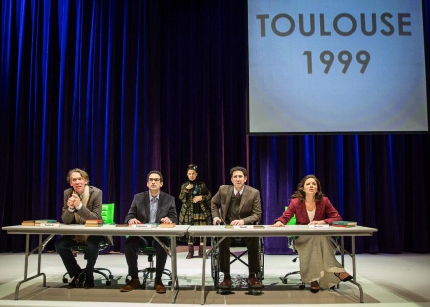Lawrence Grimm (from left), Demetrios Troy, Sandra Delgado, Sean Fortunato and Nicole Wiesner in the Goodman Theatre world premiere of “2666.” (Photo: Liz Lauren)