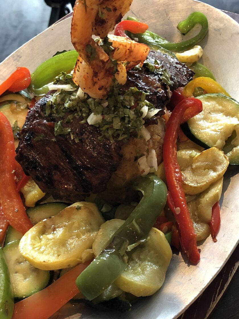 “Mar y Tierra,” a surf n’ turf tower adorned with churrasco cubano at Cuba 312 in Roscoe Villlage. | Ji Suk Yi/ Sun-Times
