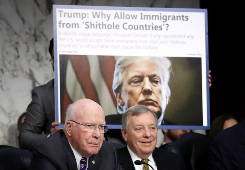 As Sen. Richard Durbin looks on, Sen. Patrick Leahy questions Homeland Security Secretary Kirstjen Nielsen during a hearing of the Senate Judiciary Committee on Jan. 16, 2018, in Washington, DC. | Getty Images