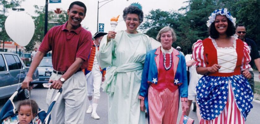 Toni Preckwinkle marches in a 4th of July Parade in her Statue of Liberty costume with then-state Sen. Barack Obama (left) and state Rep. Barbara Flynn Currie and Ald. Leslie Hairston. Photo provided by campaign.