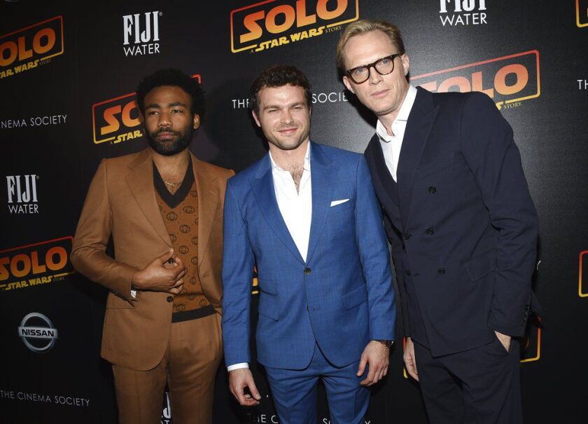 Donald Glover, from left, Alden Ehrenreich and Paul Bettany attend a special screening of “Solo: A Star Wars Story” at SVA Theatre on Monday, May 21, 2018, in New York. (Photo by Evan Agostini/Invision/AP)