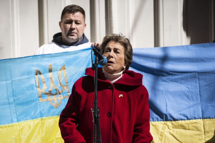U.S. Rep. Jan Schakowsky, D-Ill., speaks out against President Vladimir Putin during a rally on Sunday, March 27, 2022 to condemn the Russian invasion of Ukraine. The rally was held at the Water Tower on the Gold Coast.