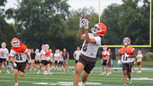 Hersey’s Jaxon Saint Paul (8) catches a pass during football practice.