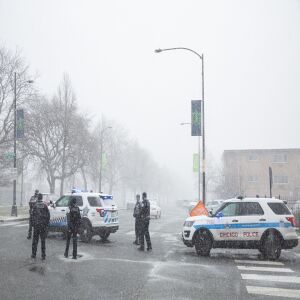 Chicago police investigate the scene where an off-duty Chicago police officer was shot in the 8900 block of South Stony Island Ave. in Calumet Heights, Monday, March 15, 2021.