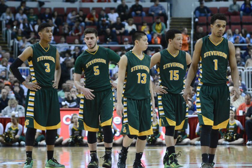 Stevenson’s Justin Smith (3), Nichols Parker (5), Ryuji Aoki (13), Jalen Brunson (15) and Connor Cashaw.