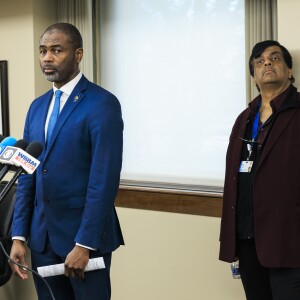 State Rep. La Shawn K. Ford (left) listens to a question alongside Resilience Healthcare CEO Manoj Prasad during press conference Wednesday to answer questions about the conditions at West Suburban Medical Center in Oak Park.