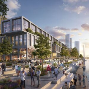 Artist’s rendering of a riverwalk promenade looking south. | Provided by Related Midwest