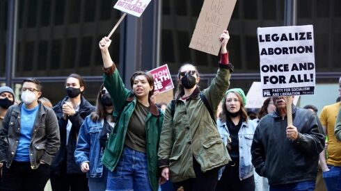 Pro-abortion rights activists rally at Federal Plaza on Saturday afternoon.