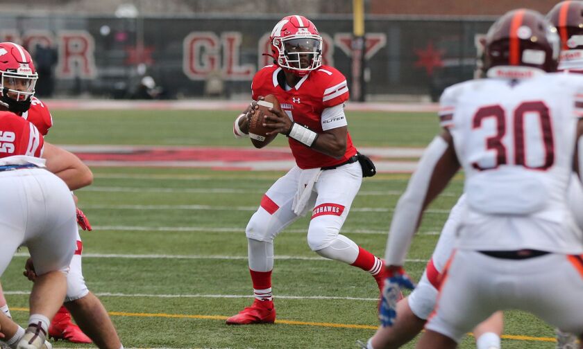 Marist’s Dontrell Jackson, Jr., (1) drops back to pass the ball against Brother Rice.