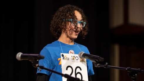 Seraj Zerouni, 11, of LaSalle II Magnet School reacts to winning the Chicago Public Schools Citywide Spelling Bee Championship at Alexander Graham Bell Elementary School on Thursday, 12 March. | Timothy Hiatt/For the Sun-Times