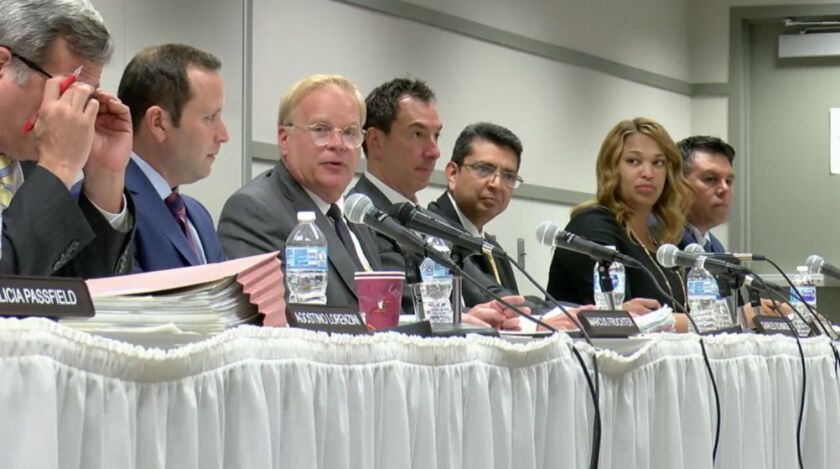 Illinois Gaming Board Chairman Charles Schmadeke, third from left, speaks at the board’s meeting on Monday.