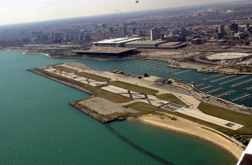The giant “X” marks bulldozed into the pavement at Meigs Field in 2003 that Mayor Richard M. Daley ordered, closing the airport and allowing it to be turned into parkland. | Brian Jackson / Sun-Times files