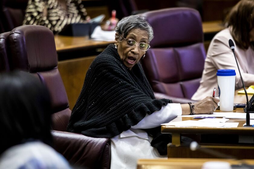 Ald. Carrie Austin (34th) reacts to a legislative tit for tat during a Chicago City Council meeting Wednesday following Mayor Lori Lightfoot’s decision to again delay a vote on an ordinance that would restore higher thresholds for speed-camera tickets.