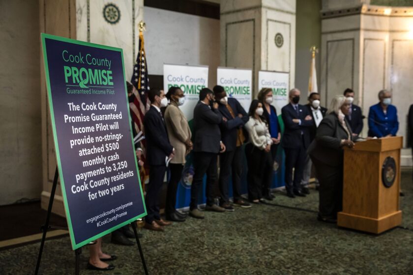 Cook County Commissioner Deborah Sims discusses Cook County’s guarantee income pilot program during a news conference at the Chicago Cultural Center on May 18, 2022.
