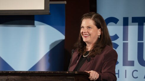 Cook County State’s Attorney Eileen O’Neill Burke reacts to protesters chanting in the middle of her remarks during City Club of Chicago’s luncheon at Maggiano’s Banquets in River North, Tuesday, Dec. 2, 2025.