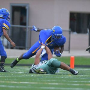 Kelly’s Kevin Deluna (50) pulls down Prosser’s Anthony Reed. Worsom Robinson/For the Sun-Times.