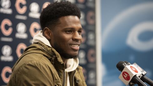 Linebacker Nicholas Morrow speaks to the media about joining the Bears in March.