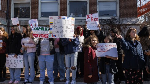 Students of Lake View High School protest Immigration and Customs Enforcement operations during a walkout and rally at the corner or North Ashland Avenue and West Irving Park Road in Lakeview, Friday, Feb. 13, 2026.