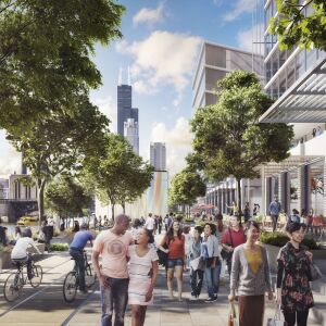 Artist’s rendering of a riverwalk promenade looking north. | Provided by Related Midwest
