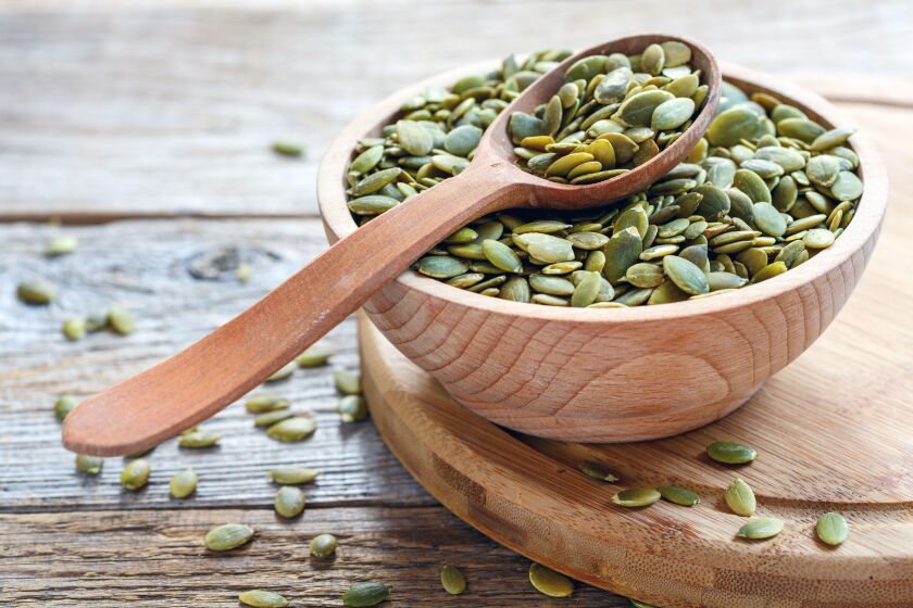 Often called pepitas when they’re hulled to reveal their green interiors, crunchy pumpkin seeds are a great way to boost your intake of magnesium, an often underconsumed nutrient that has been linked to improved blood pressure numbers