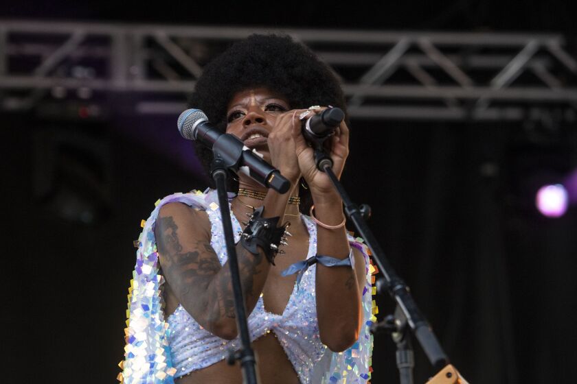 Georgia Anne Muldrow performs at the Blue Stage at Pitchfork Music Festival on Saturday night.
