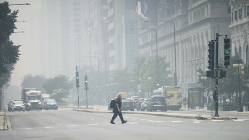 Buildings on Michigan Avenue are obscured by smoke from wildfires in Canada.
