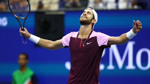 Karen Khachanov after defeating Nick Kyrgios in the men’s singles quarterfinals match at the U.S. Open tennis championships on Sept. 6.