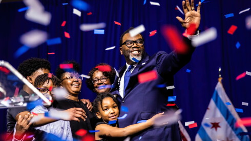 Brandon Johnson hugs members of his family at his election night party at the Marriott Marquis Chicago after defeating Paul Vallas in the mayoral runoff election, Tuesday, April 4, 2023.