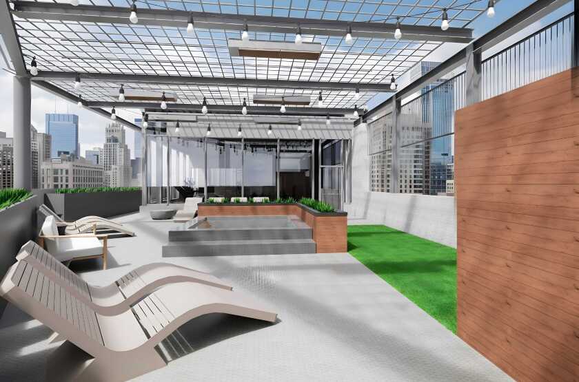 Rendering of a terrace with lounge seating and greenery.