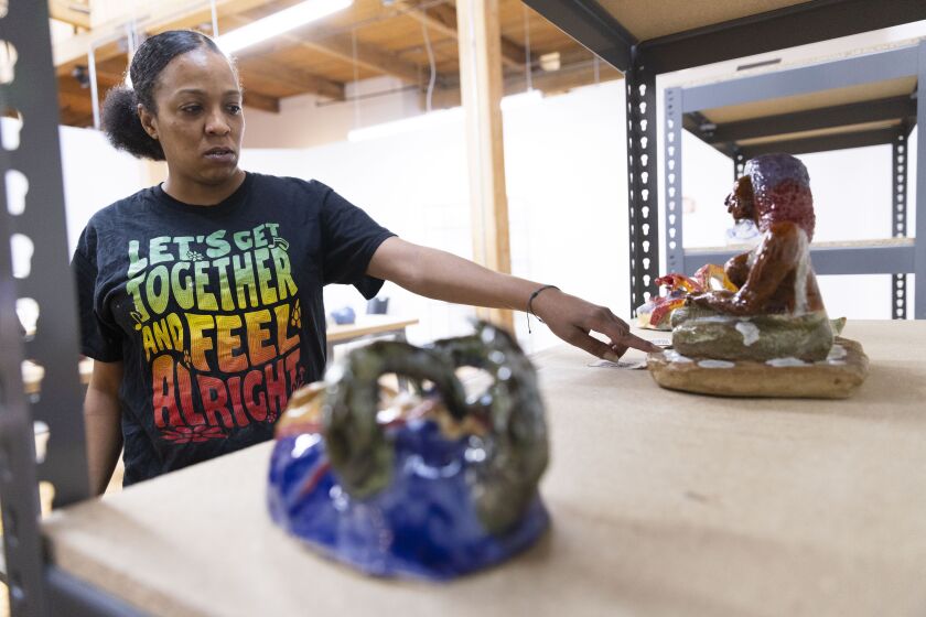 Sheryl Booker talks about her work inspired by African mythology. The 38-year-old is an artist at Project Onward, a non-profit studio for artists with disabilities located at the Bridgeport Art Center at 1200 W. 35th St. This non-profit organization is opening a new pottery studio at the art center.