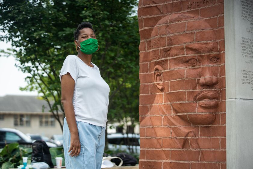 Gail Mayfield, who attended a gathering meant to celebrate Black and Brown solidarity and commemorate Dr. Martin Luther King, Jr.’s march at Marquette Park on Aug. 5, 1966, poses for a picture near the Martin Luther King, Jr. Living Memorial in the Marquette Park neighborhood, Friday morning, Aug. 6, 2021.