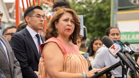 Marcela Rodriguez, with Enlace Chicago speaks to reporters during a press conference in the Back of the Yards neighborhood on Thursday, July 9, 2026. to denounce an increase of ICE activity in the area. The news conference was at 47th Street and Damen Avenue.