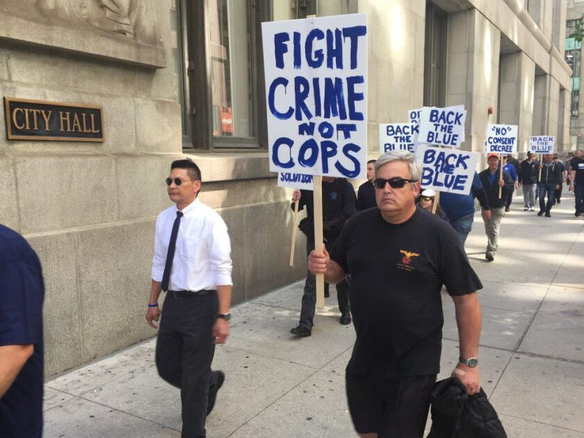 Chicago Police and supporters protest outside City Hall Wednesday. | Mark Brown/Sun-Times