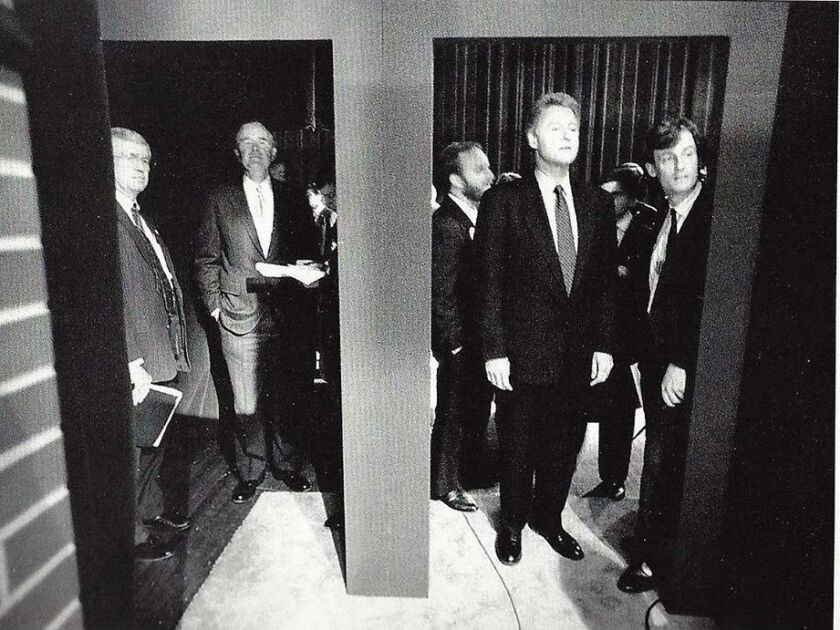 Ed Murnane and President George H.W. Bush, left and second from left, and Democratic challenger Bill Clinton, third from right, wait for cues to enter the stage before a 1992 debate at the University of Richmond. White House photo.