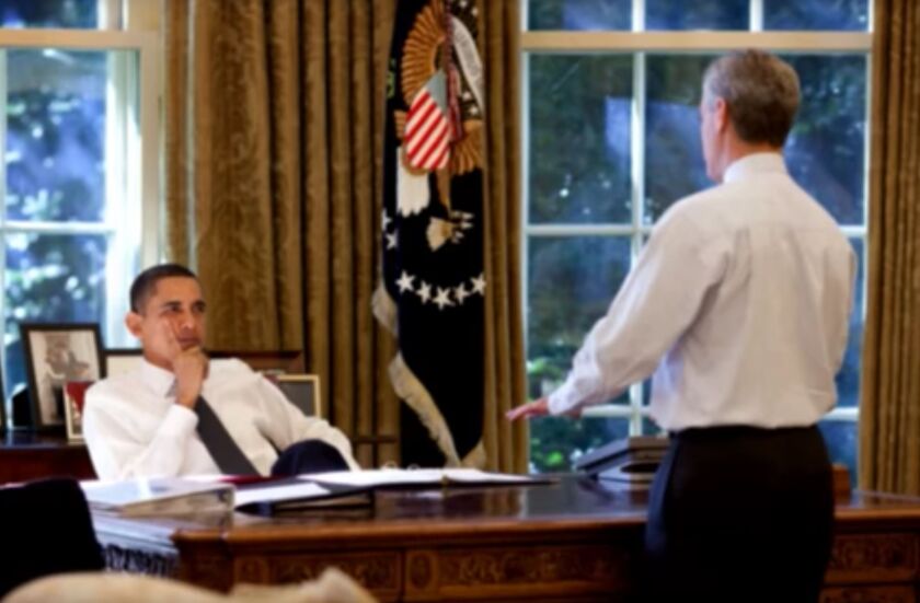 Rahm Emanuel (right, in Oval Office) was mentioned — and not necessarily in a good way — in a video played before President Obama spoke to the Democratic National Convention. | Screenshot from DNC video