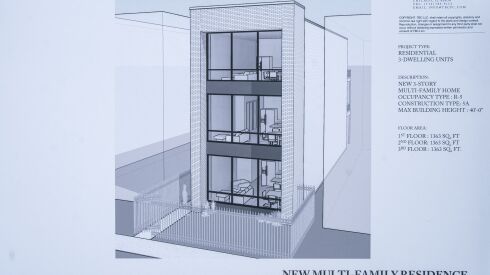 A rendering of West Woodlawn Pointe is displayed during the launch of the Buy Back the Block initiative at 6314 S. Evans Ave. in the West Woodlawn neighborhood, Tuesday morning, May 17, 2022.