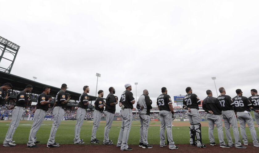 White Sox players line up for the national anthem.